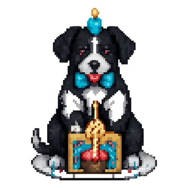 Change the dog's fur color to black and white while preserving the pixel art style look. Remove the background. sticker