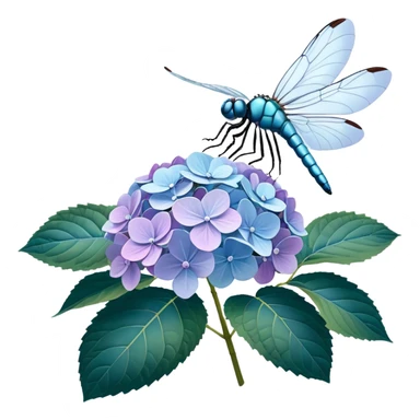 3D Realistic Still life, illustration ultraviolet color detailed Hydrangea macrophylla,  beautiful leaves,  highly detailed large size wings, cream, pale purple and teal colored dragonfly resting  sticker