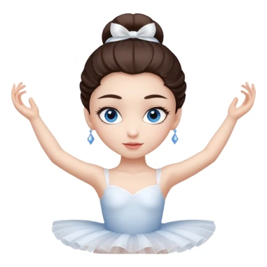 Realistic Ballerina Portrait, with porcelain-like skin featuring a natural rosy flush, illuminated by soft lighting that highlights the gentle contours of her face. Her Brunette hair flows in soft, Her deep blue eyes radiate warmth and innocence, framed by arched brows and long lashes. sticker