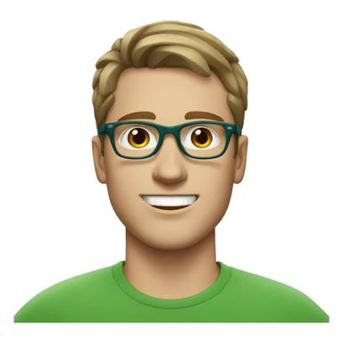 white young man with blue eyes and brown hair and square glasses wearing green t-shirt with headset sticker