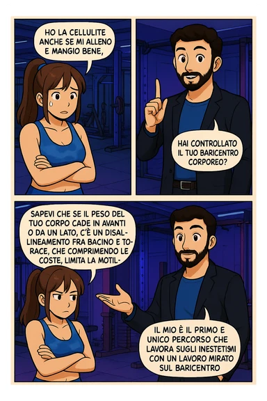 PRENDI SPUNTO DA QUESTO STILE FACENDO UN WEBTOON/MANGA:

LEI: Ho la cellulite anche se mi alleno e mangio bene, cosa posso fare?

LUI: Hai controllato il tuo baricentro corporeo?
LUI: Sapevi che se il peso del tuo corpo cade in avanti o da un lato, c’è un disallineamento fra bacino e torace, che comprimendo le coste, limita la motilità del diaframma e l’ossigenazione dei tessuti?
LUI: Il mio è il primo e unico percorso che lavora sugli inestetismi con un lavoro mirato sul baricentro corporeo. sticker