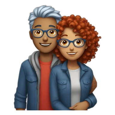 a girl with red curly hair and blue glasses hugging a boy with gray hair sticker