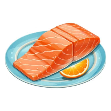 create a Slice of Salmon

Camera angle: slightly elevated top-down view with a gentle bird’s-eye perspective (about 15–20°), identical perspective and scaled do not add anything  on plate only the slice of salmon  sticker