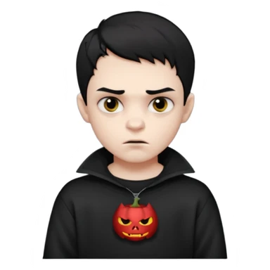 Vampire boy with the short black hair, pale-white skin, black eyes, little fangs and dark circles under his eyes. He has serious face and he wear a black oversize sweatshot sticker