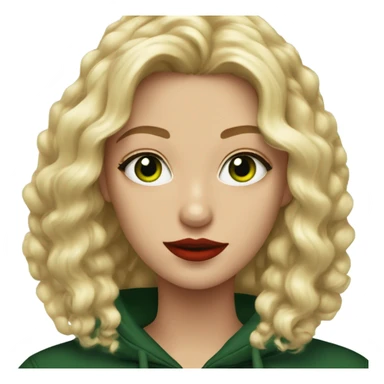 A blond girl with waved hair, medium length, red lips, green eyes, black hoody, red long nails, sharp features sticker