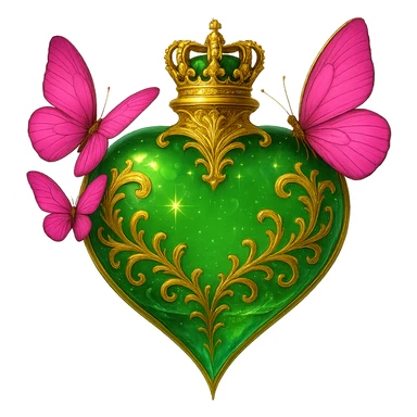 Edit the image of a crystal green heart-shaped bottle with golden details and pink butterflies attached. Add a small crown on top of the bottle as the stopper. Keep the bottle transparent with a beautiful merging bottom and make it appear floating in the air. The design should be elegant, bright, with crystal effects and glowing highlights. Maintain a transparent background with no base or shadow. sticker