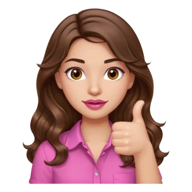 girl with long wavy brown hair, brown eyes, light to medium complexion, in a pink shirt, pink lips, long lashes, puckered lips, thumbs up sticker