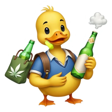 Drunk and high duck animal holding beed bottle and a bag of weed sticker
