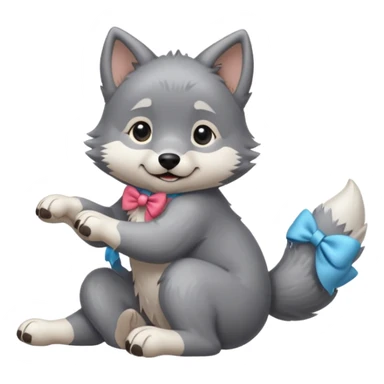 an animated gif sticker emote of a wolf puppy in a play bow wagging its tail in a smooth, natural arc over its back sticker