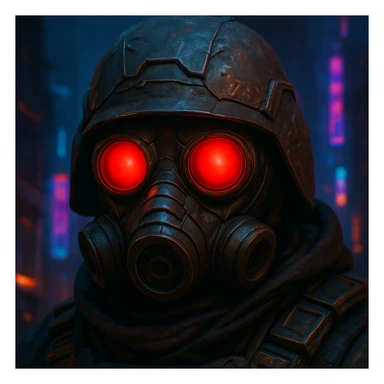 Add a helmet and zoom in on the face of the post apocalyptic soldier wearing a gas mask with red eyes, keep the gritty style, detailed and intense atmosphere. sticker