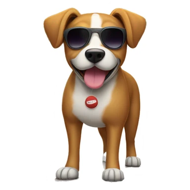 dog standing on a road with sunset in the back and with sunglasses and tenis ball in the mouth sticker