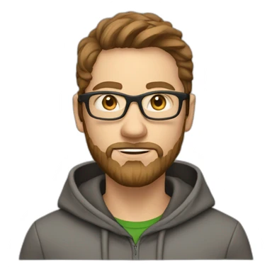 white male hacker with brown hair in the hoodie with nerd glasses and beard sticker