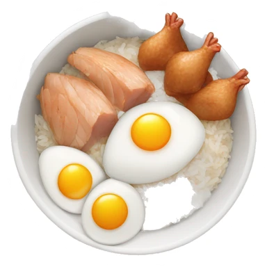a bowl of rice with two eggs and two whole chicken sticker