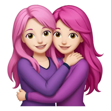Surprisingly goofy once they open up. Strong, loyal, and incredibly supportive — but still hates wasting time. one woman long pink hair hugging another woman with dark hair sticker