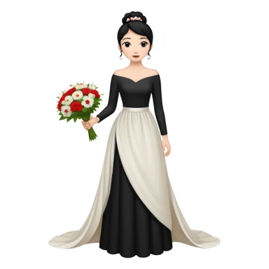 Chica blanca,cuerpo entero, vestido boda asimétrico sin vuelo ,manga larga ,de piel en el cuello, pelo negro,    ramo de flores una mano, pelo recogido en moño alto sticker