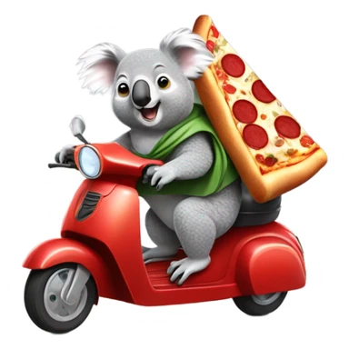 Koala on a scooter delivering pizza to a llama in a superhero cape sticker