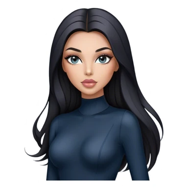 Glamours, tanned, very beautiful girl, with big pump peach-beige-rose lips, long long lashes, black straight smooth silky long hair, straight parting hair, blue-grey eyes in black long-sleeves bodysuit sticker