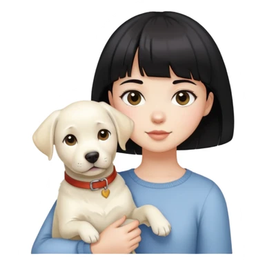 A girl with short black hair and bangs holding a white Labrador sticker