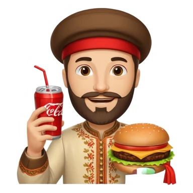 caucasian man with beard and armenian traditional costume, burger in one hand, coke in other sticker