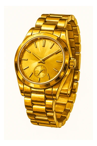 Сгенерируй мне часы ЗОЛОТЫЕ, дорогие, в чуть рисованном стиле. На чисто белом фоне. БЕЗ НАДПИСЕЙ. Но при этом объмная и яркая. Золото не должно быть пластмассовое, оно должно быть блестящие, хорошее sticker