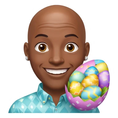 smiling bald African American man with diamond stud earrings popping out of an Easter egg sticker