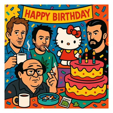 maximalist birthday scene with Hello Kitty, It's Always Sunny in Philadelphia cast, coffee, cigarettes, weed, big birthday cake, confetti everywhere, vibrant chaotic collage sticker