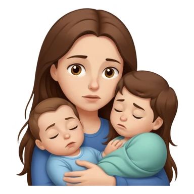 Exhausted mom with long brown hair and baby boy sticker