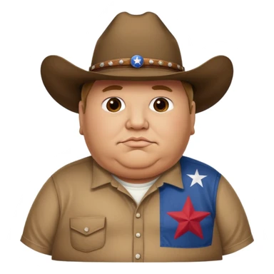 An extremely obese man with a cowboy hat and Texas flag t-shirt sticker