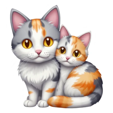 grey and white cat cuddling a colourful light patched calico + white tabby cat sticker