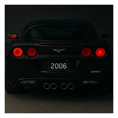 a black 2006 Chevrolet Corvette C6 ZR1 with a red headlight, detailed, sporty, rear view sticker