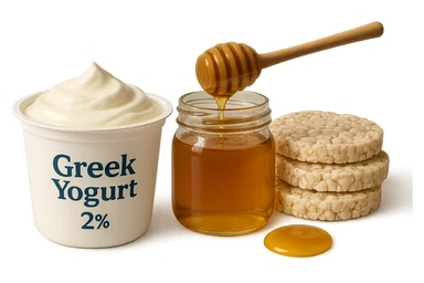 Yogurt Greco 2%
Miele
Gallette di Riso
vista frontale, iperrealistico 4k sticker