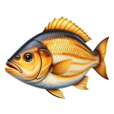 Cinematic Realistic Gradele (Grilled Fish) Dish Emoji, depicted as perfectly grilled fish with a smoky, charred finish rendered with lifelike detail and appetizing, natural lighting. sticker