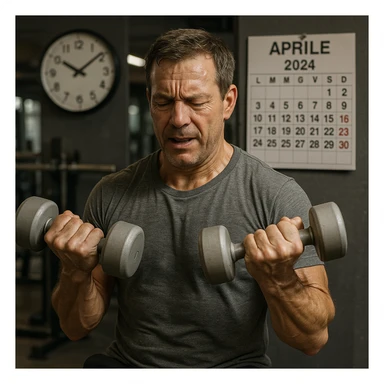 hyper realistic man doing many repetitions with light weights in gym, clock and calendar in Italian symbolizing passing time, realistic details, gym background sticker