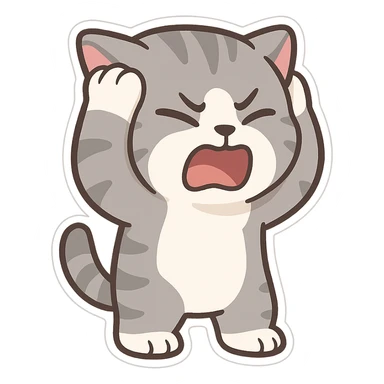 Cat meme, a gray tabby cat holding its head and screaming, with its eyes closed and mouth open, looking annoyed sticker
