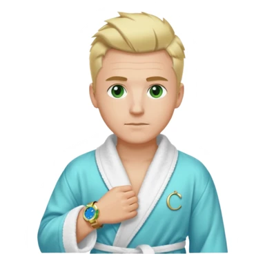 A white man with green eyes, medium-length blond hair in a low mohawk, a blue Cartier watch on his wrist, and a luxurious bathrobe. sticker
