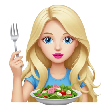 A cinematically realistic blonde with long hair, blue eyes and pink lips eats a salad with a fork sticker