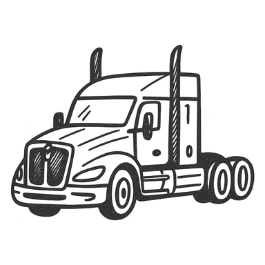 Change the 2026 Kenworth T680 truck to a Flattop version, keep it black with chrome stacks, in a hand drawn icon style with no fill and clean lines, transparent background. sticker