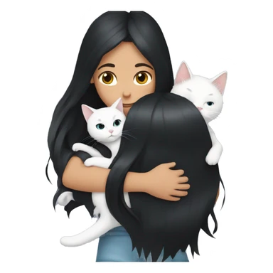 girl with very long black hair and  hugging a white cat sticker