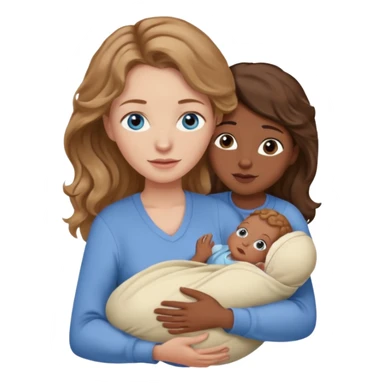 Caucasian woman with light brown wavy hair and blue eyes and dark skinned one newborn only days old  in carrier sticker