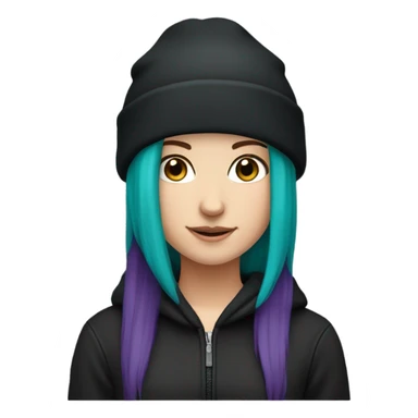 White girl, black hoodie, teal hair, purple beanie hat sticker