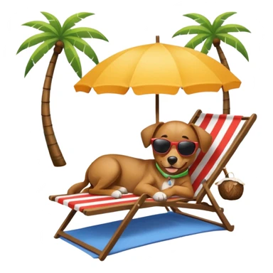 a dog laied on a beach chair, a sunny beach, a sun umbrella, and beach coconut trees. the icon should capture the essence of a relaxing beach vacation with a carefree atmosphere sticker