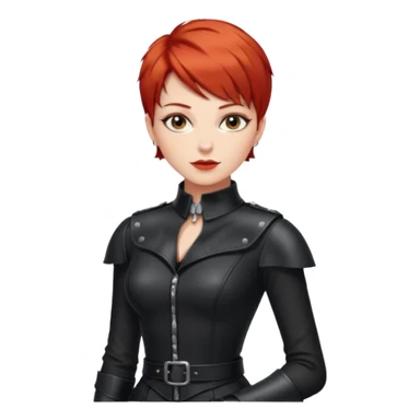 capelli corti di colore rosso, tagliati leggermente sopra le spalle e con una chioma piena e ben curata. Ha la carnagione chiara, Ha lo sguardo fiero e sicuro di sé ed una personalità dominante ed un abbigliamento da mistress sticker