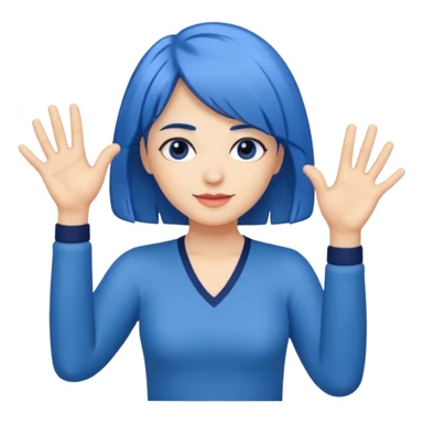 Woman with medium length blue hair doing jazz hands sticker