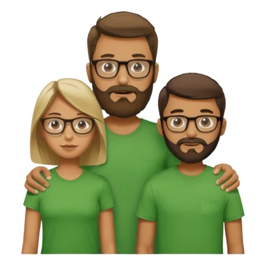 A family consisting of a man who's bearded, tanned, wearing glasses, a woman, slightly tanned, and a 14 year old teenage boy, slightly tanned, wearing a green t-shirt, not everyone is wearing glasses,  sticker