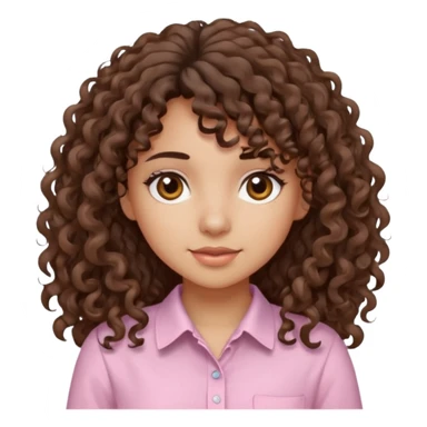 A Latina girl with brown eyes and long loose curly hair with curly bangs with a light pink shirt sticker