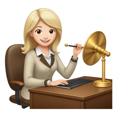 Woman on her computer at a desk with a mini gong on the desk  sticker