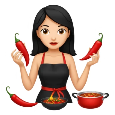 black short shoulder length hair tanned woman, black dress cooking, holding chili pepper sticker