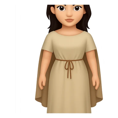 Create a fullbody view of a character in the style and proportions of the reference image. The character should wear a plain light tan dress, have dark hair, and wear a light tan cape like in the reference image. The style is emoji style with a transparent background. sticker