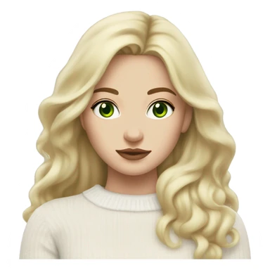 solo white blonde girl with green eyes, medium bust, white sweater, long blow out hair, baddie, middle part, cute,  sticker