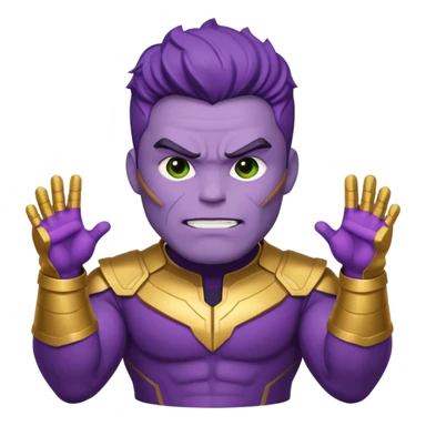 Cute emoji icon of Choi Seung-hyun T.O.P as Thanos, purple skin, strong jaw, confident mischievous, Player 230 green tracksuit with number, simplified Infinity Gauntlet, minimalistic, bold lines, bright colors sticker